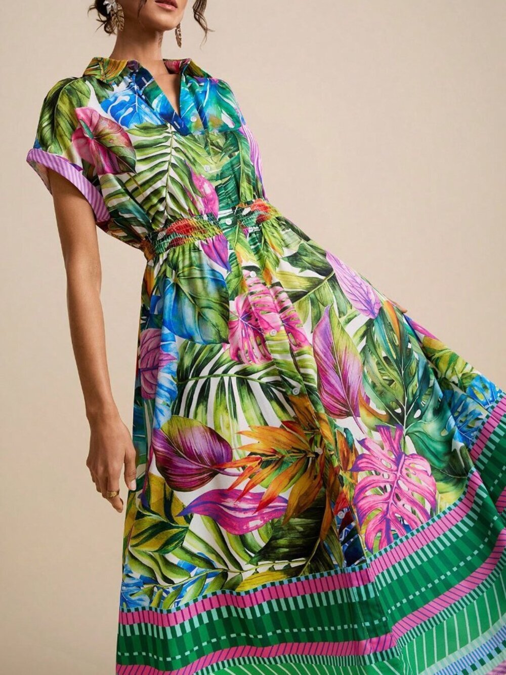 Green Boho Women's Collared Short Sleeve A-Line Dress with Drawstring Waist